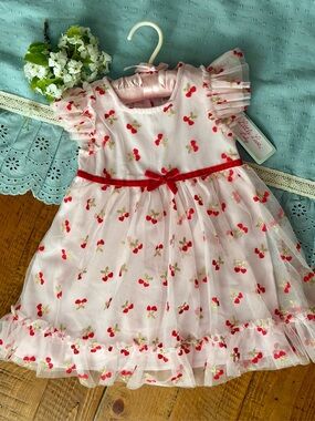 Little Lass pink with cherry print Ruffled Tulle Dress toddler 18 months